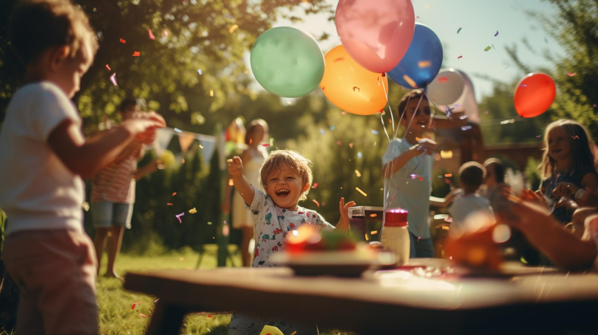 Crianças e família numa festa de aniversário ao ar livre na quinta