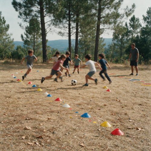 Crianças a correr num jogo ao ar livre, com cones e arcos na erva